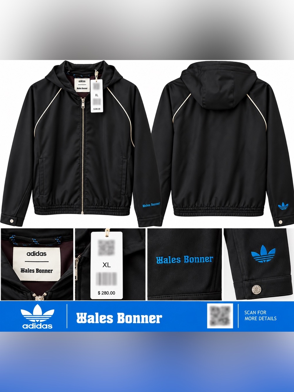 Adidas x Wales Bonner Women’s Black Satin Hood Track Jacket XL NWT $280